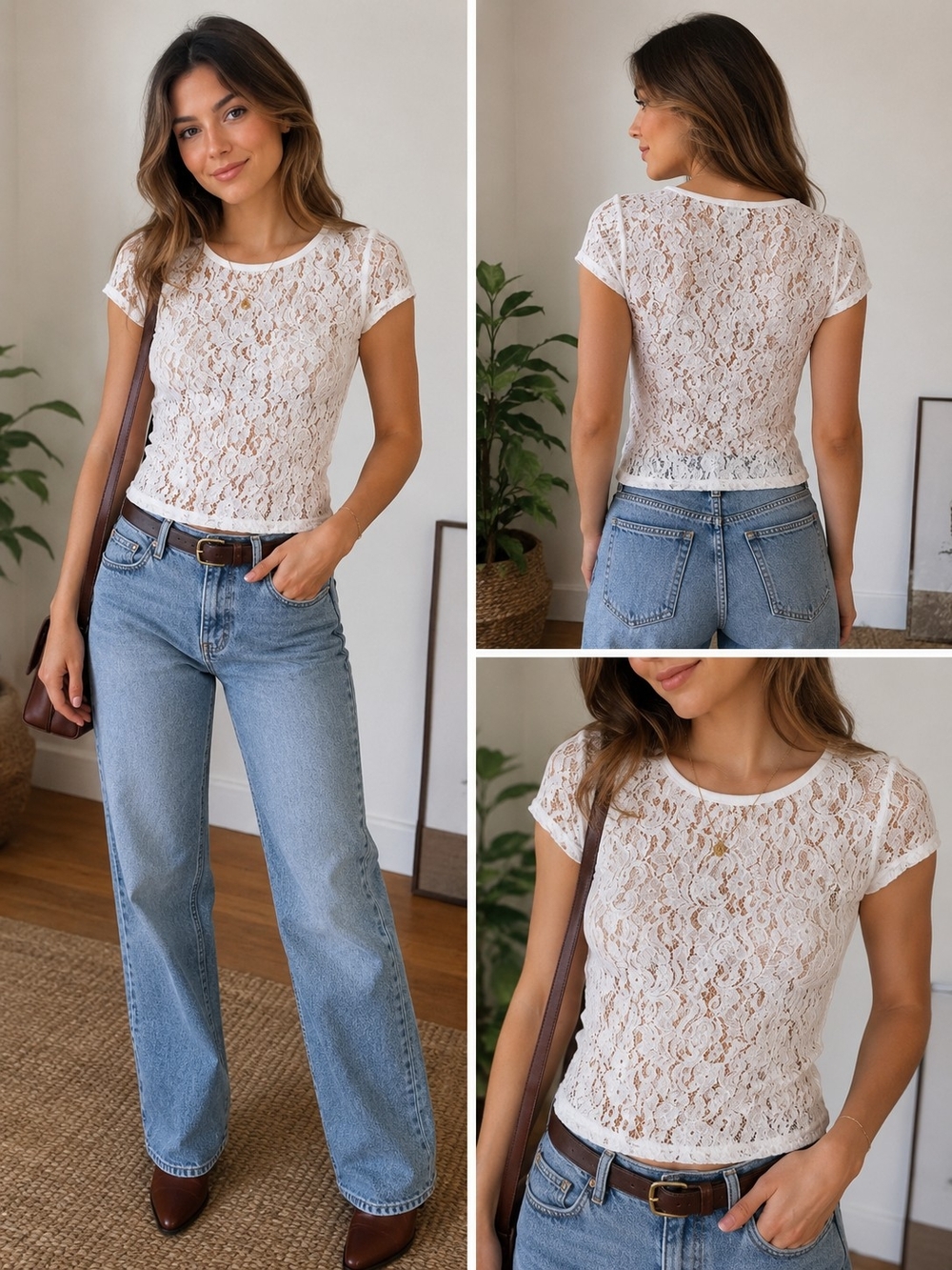 Women's White Lace Short Sleeve Tee - Elegant Floral Lace